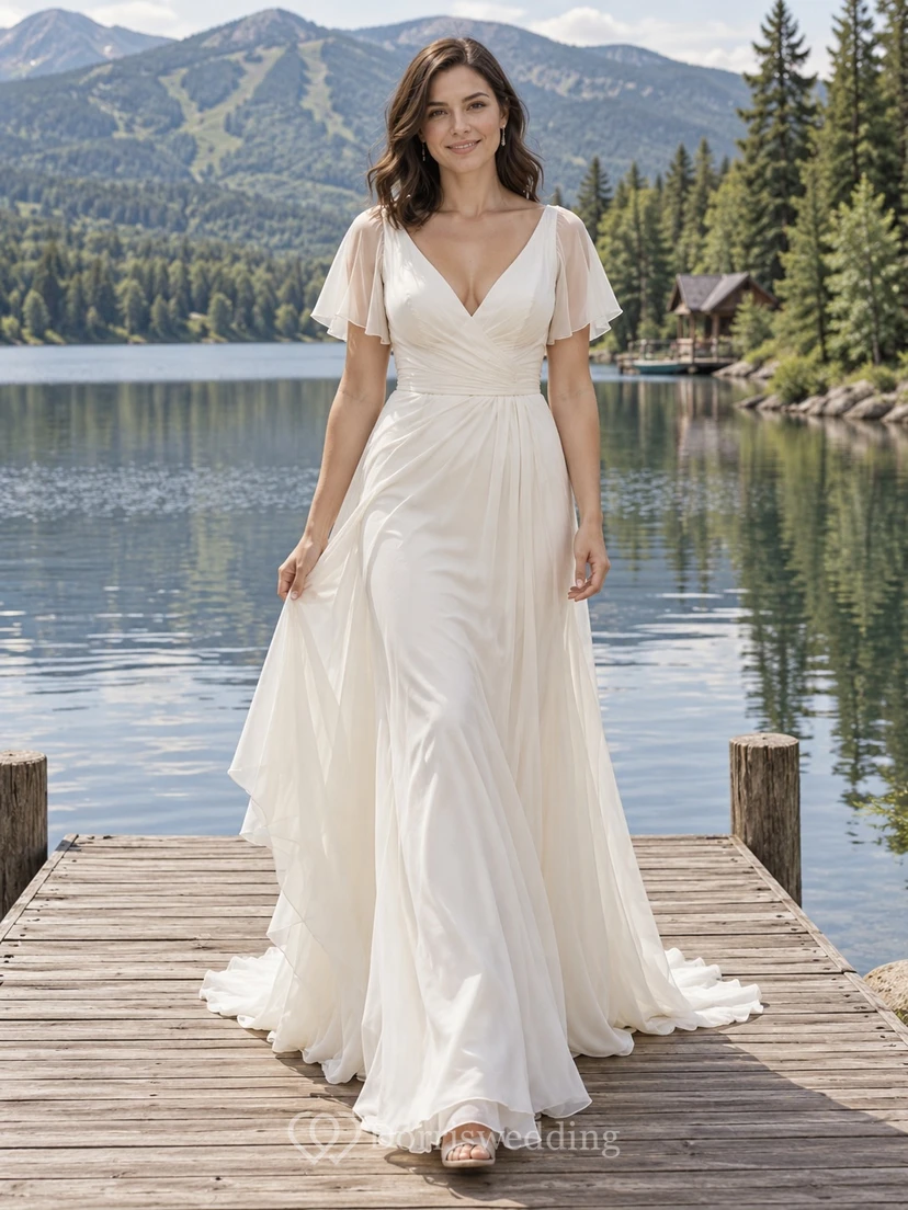 Brautkleid mit V-Ausschnitt, drapiertem Chiffon über Satin, flatternden Ärmeln und Schleppe