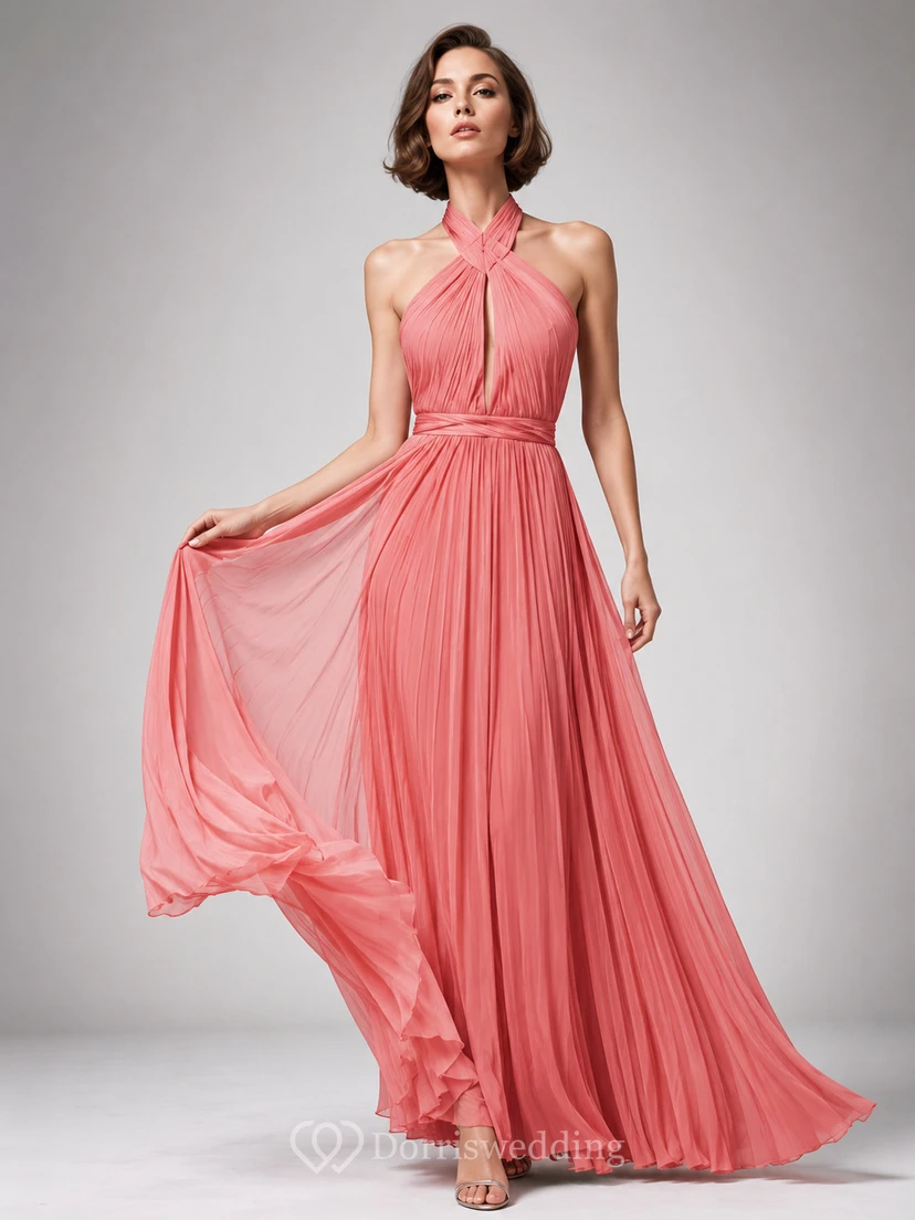 Coral pleated halter open back flowing A-line maxi gown