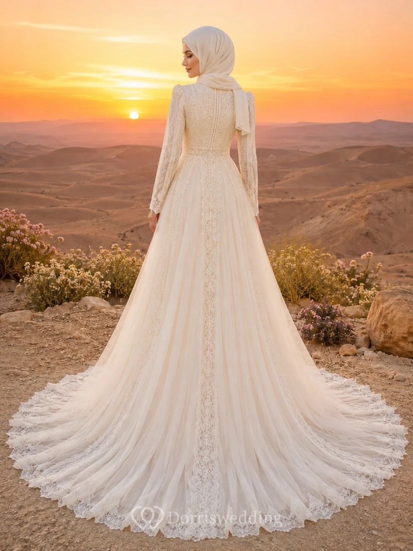 Boho Muslim Long Sleeve Lace High Neck Desert Wedding Dress view 2