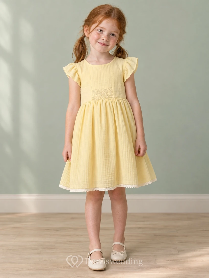 Simple Modest Yellow Knee Length Compact Flutter Sleeve Smocked Gauze Flower Girl Dress
