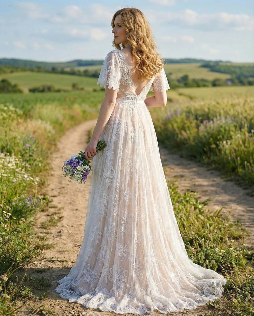 Robe de mariée bohème de maternité en dentelle transparente avec manches papillon et doublure rose poudré view 2