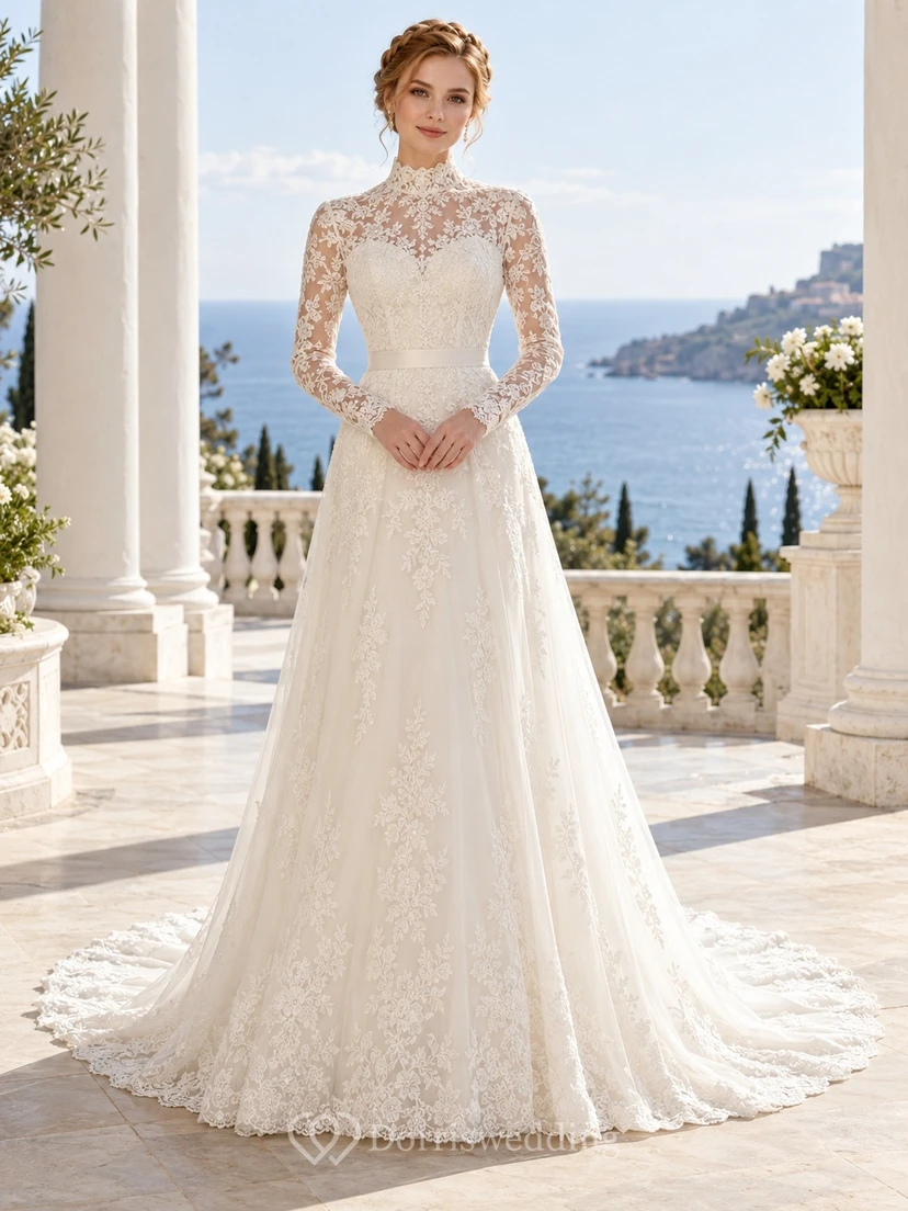 Modest High Neck Long Sleeve Floral Lace A-line Train Wedding Dress