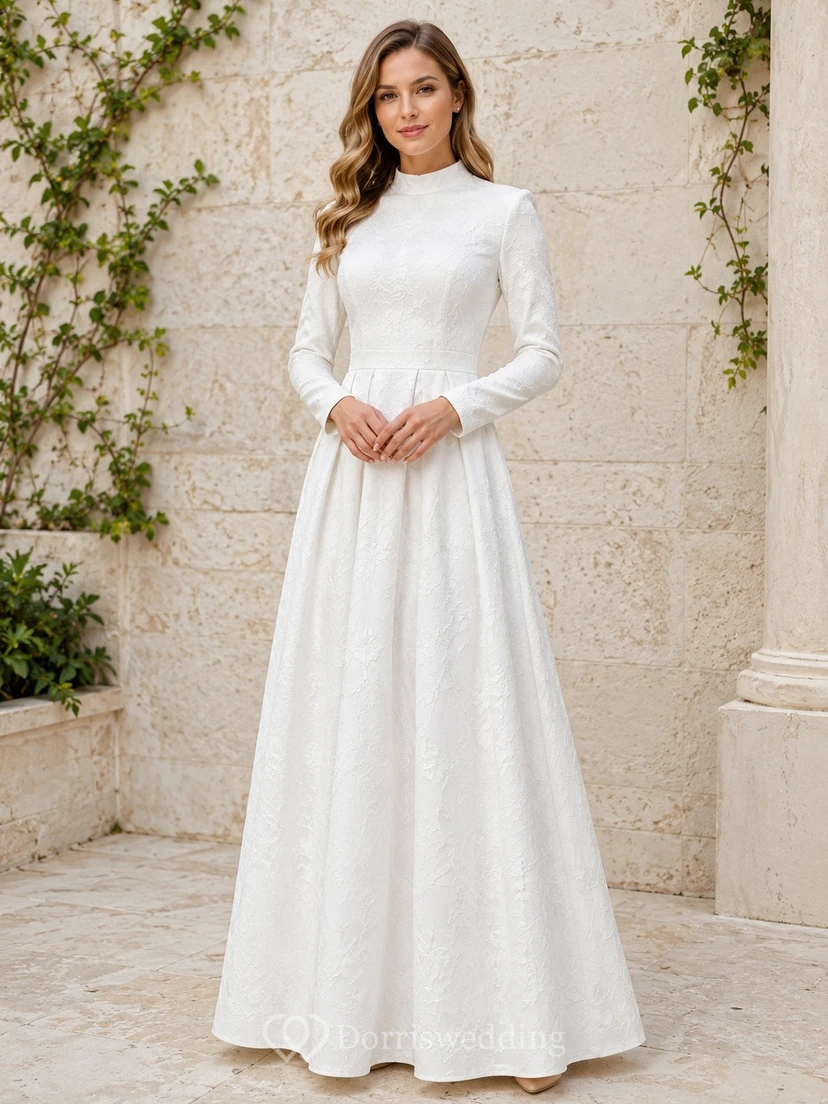White Lace Tulle High Neck Long Sleeve Floor-Length Modest A-Line Dress