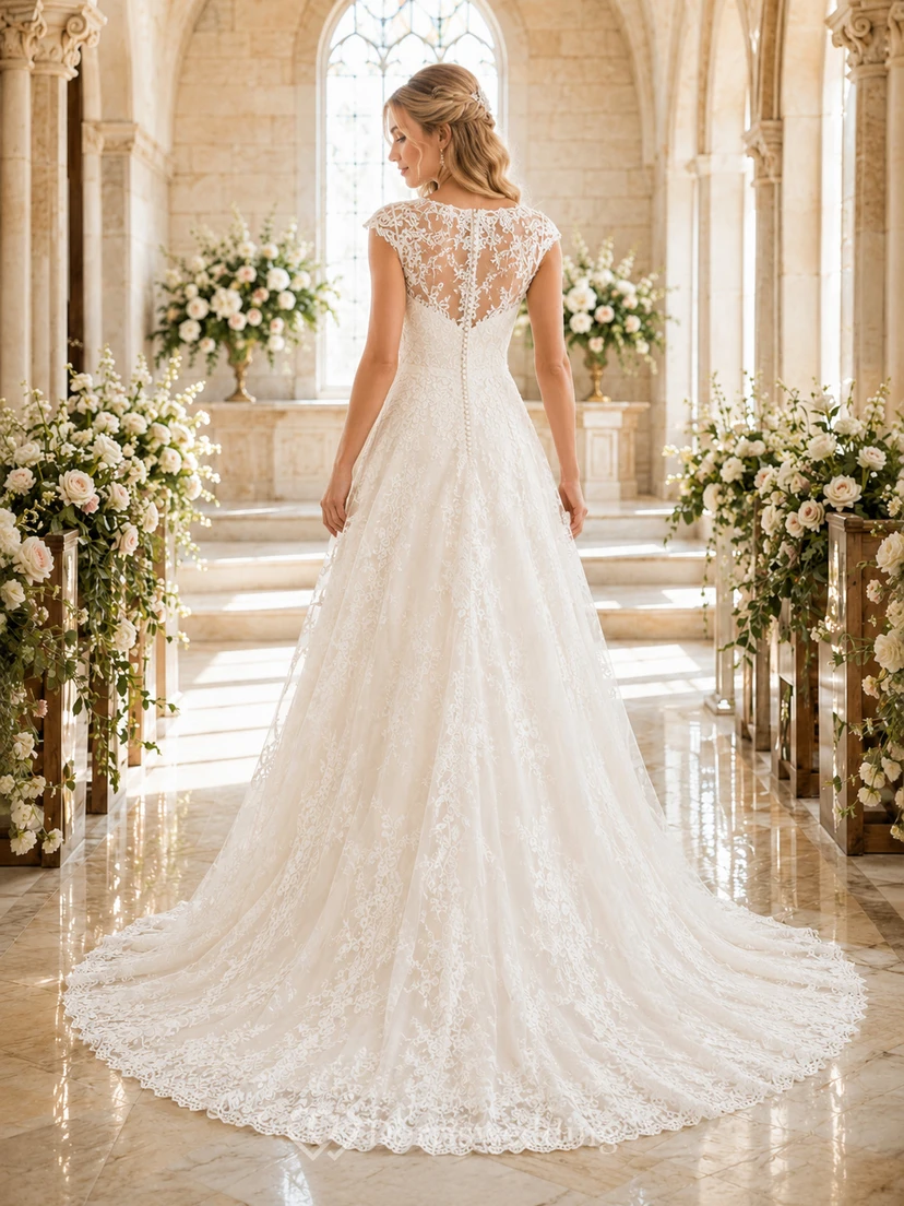 Brautkleid für Kapellenhochzeiten mit bedeckten Schultern und Spitze in A-Linie view 2