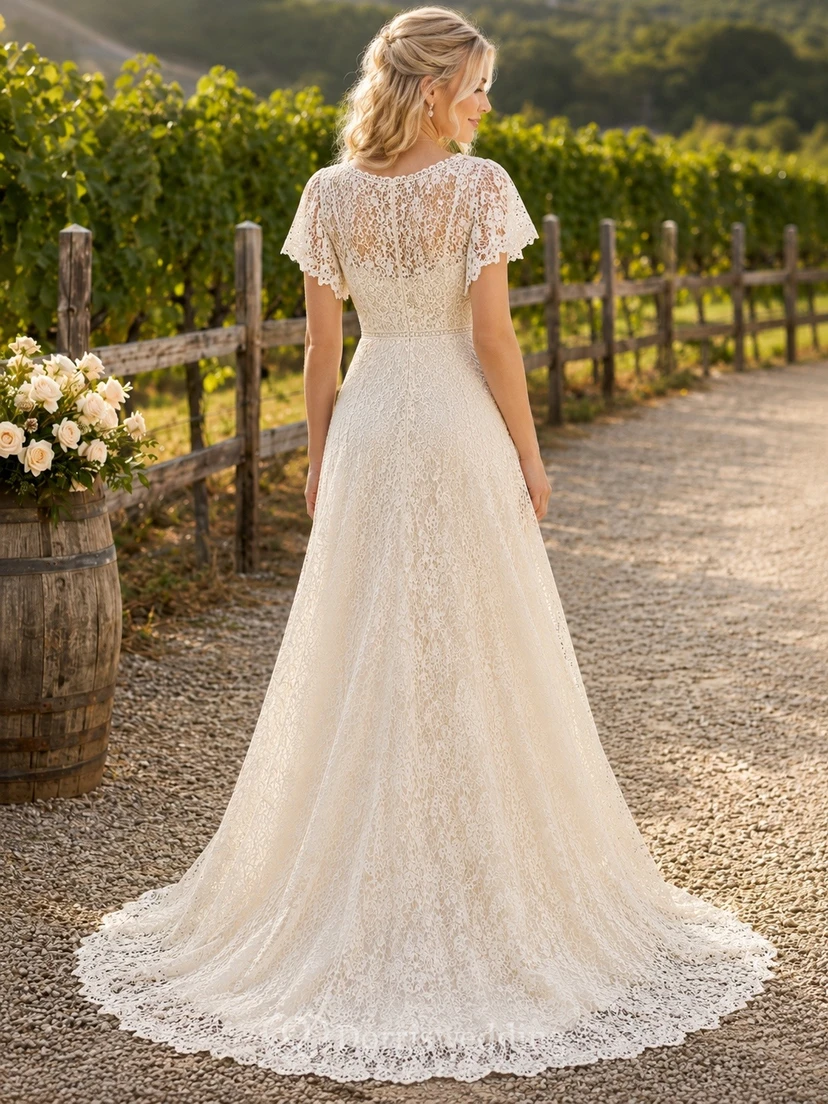 Festliches Brautkleid mit langen Ärmeln, A-Linie, Bolero aus Spitze und Schleppe view 2