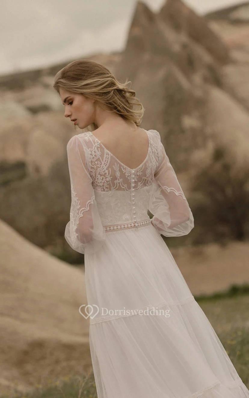 Fließendes 2-in-1-Brautkleid aus Tüll mit V-Ausschnitt, langen Ärmeln und A-Linien-Schnitt sowie Spitzenoberteil view 3
