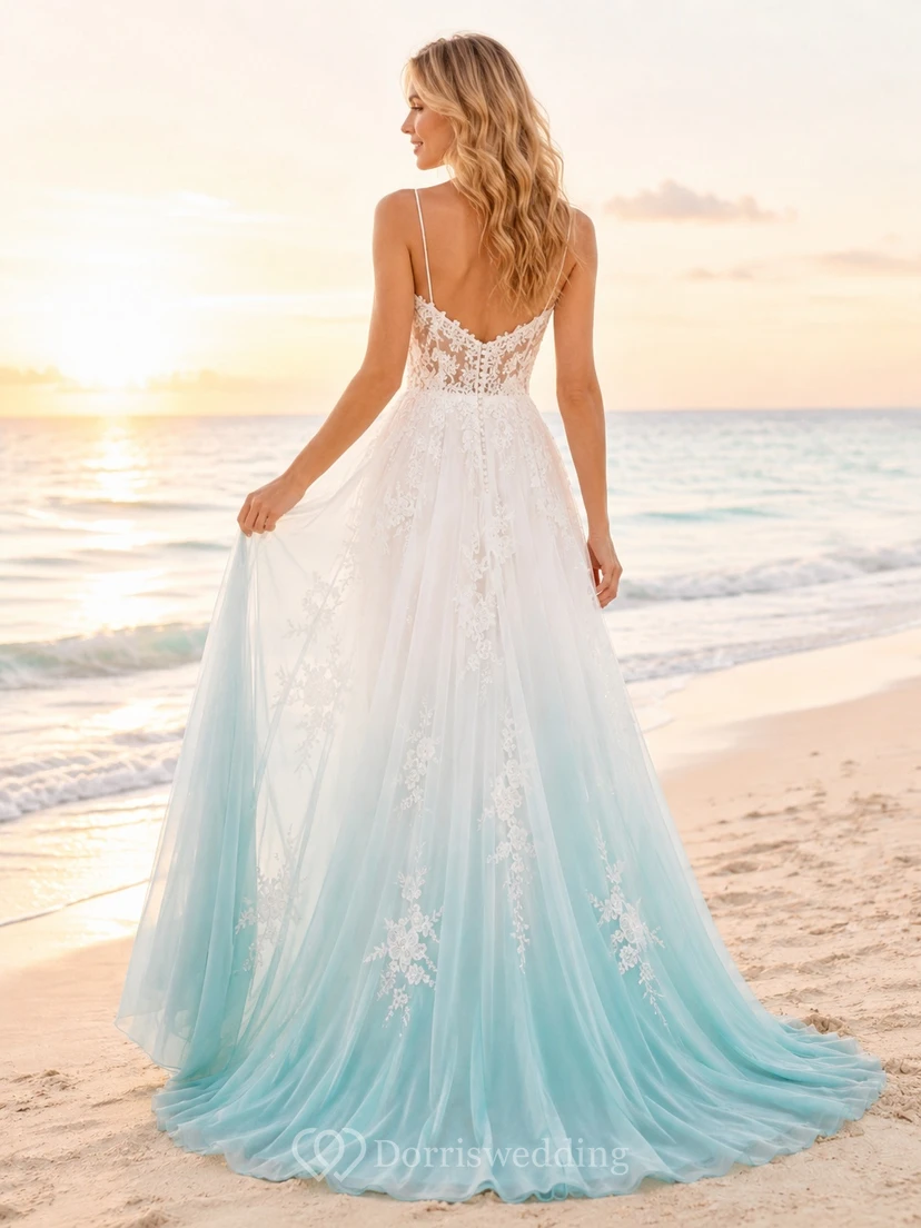 Türkisfarbenes A-Linien-Brautkleid mit herzförmigem Ausschnitt, Tüll, floralem Muster und Boho-Stil für Strandhochzeiten view 2