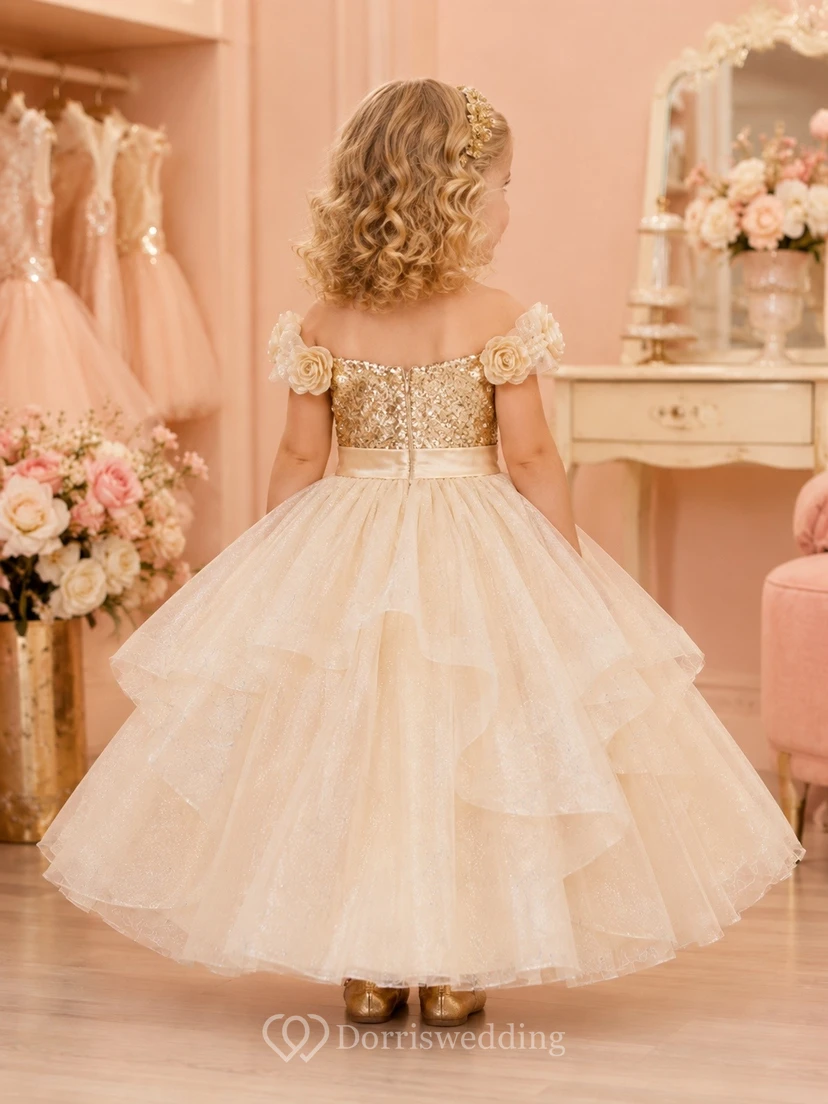 Champagne Flowergirl Satin Tulle Pleated Ball Gown Short-Sleeve Dress view 2