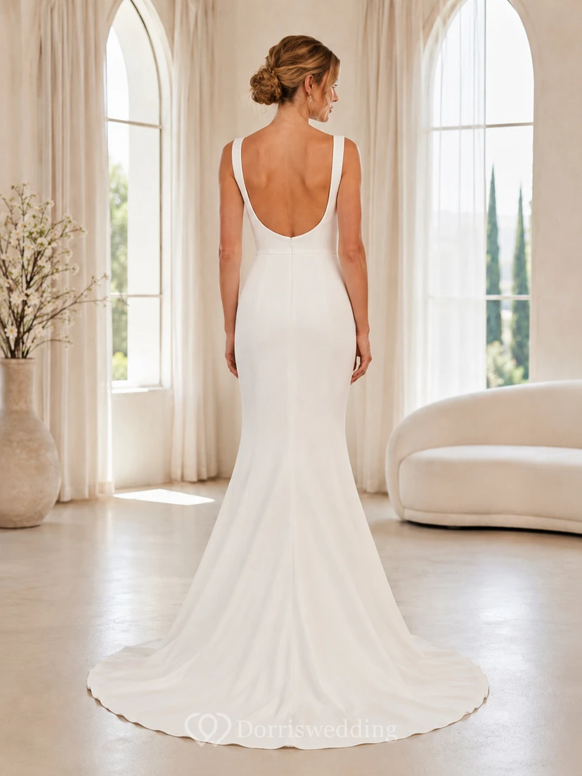 Minimalist Stretch Satin Wedding Dress Mermaid Square Neck Sleeveless Sweep Train Bridal Gown view 2