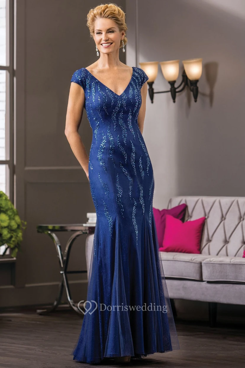 Cap-Sleeved V-Neck Mermaid Mother Of The Bride Dress With Sequins And V-Back