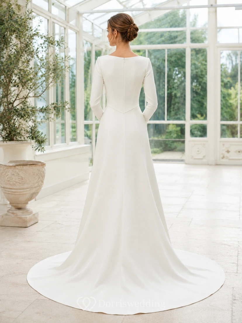 Vestido de novia minimalista de manga larga estilo vasco con cintura sencilla y modesta view 2
