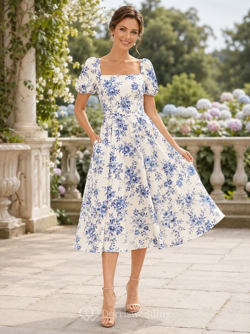 Floral Royal Blue Square Neck Puff Sleeve Tea-length A-line Dress