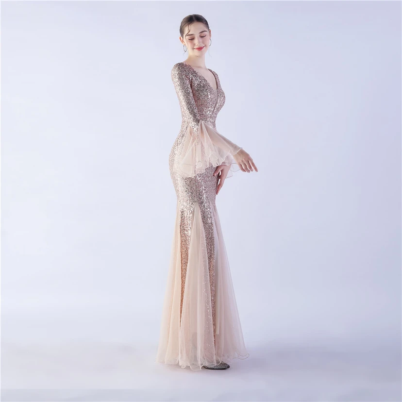 Vestido de noche con lentejuelas, bordado de malla encriptada, estilo artesanal de seda de pez y borde ondulado. view 31