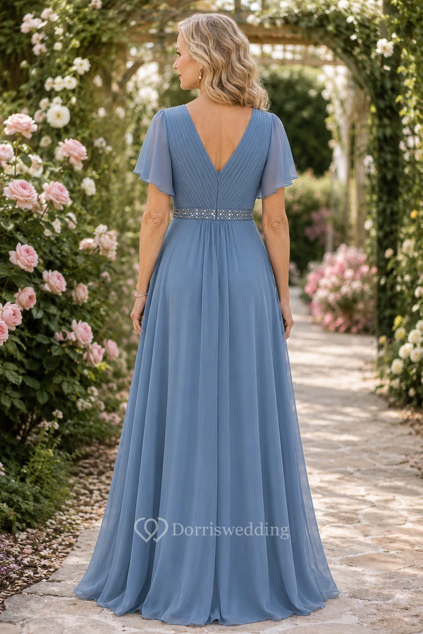 Stahlblaues Chiffon-Kleid in A-Linie mit V-Ausschnitt und Volantärmeln view 2