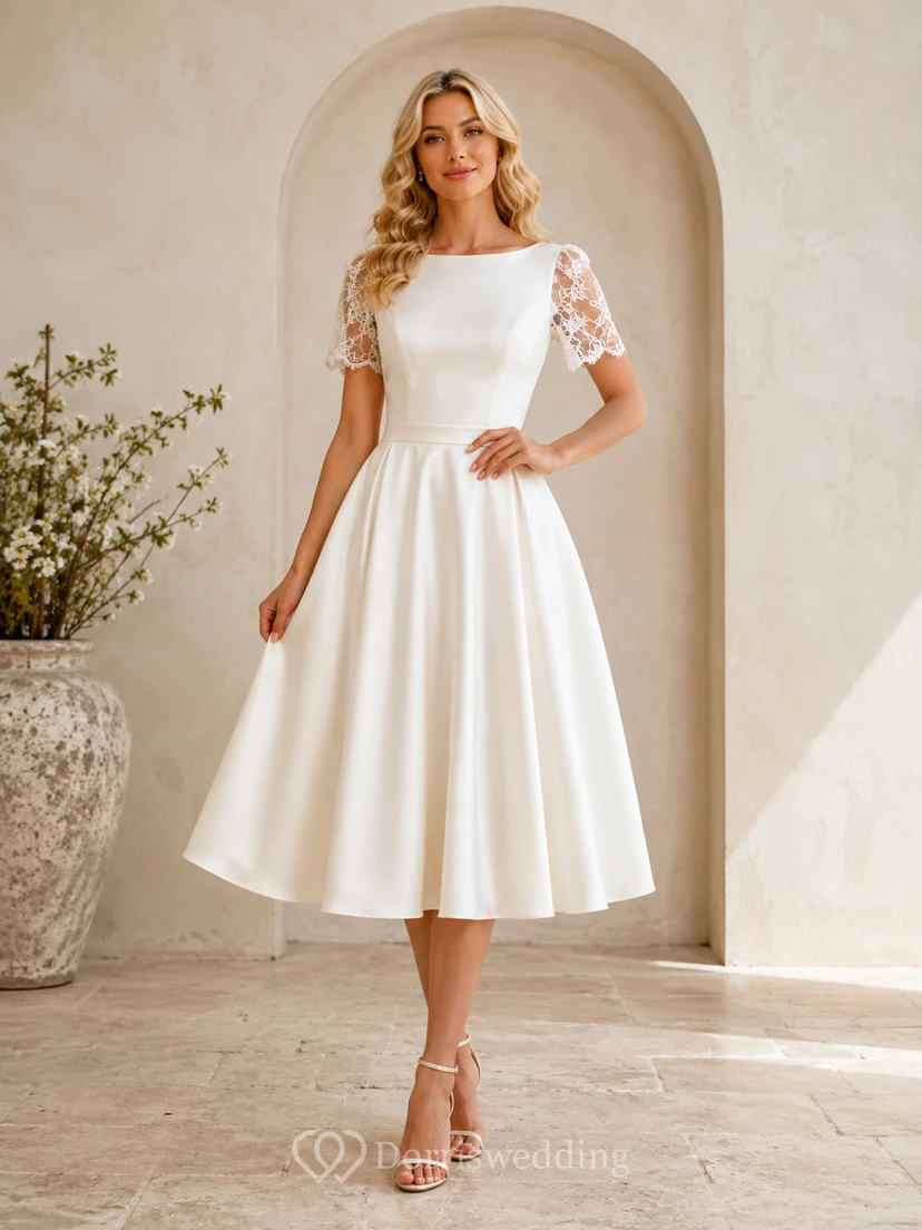 Vestido de novia clásico vintage de satén con escote barco y mangas cortas de encaje, largo hasta la rodilla