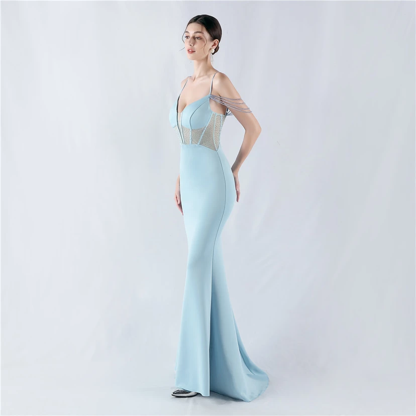 Vestido de noche con cintura de espiga, bordado de diamantes de imitación, ideal para banquetes y presentaciones. view 41