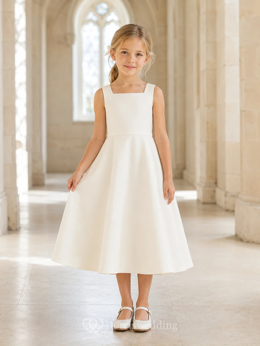 Elegante vestido de niña de las flores con corte en A, escote cuadrado, sin mangas, de satén color marfil y lazo en la espalda para ceremonia.