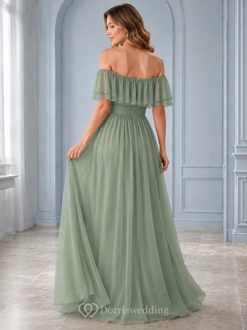 Formelles schulterfreies, bodenlanges Brautjungfernkleid aus Chiffon mit Rüschen in A-Linien-Form view 2
