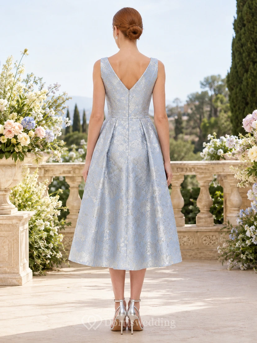 Stahlblaues, ärmelloses A-Linien-Kleid mit floralem Jacquardmuster, V-Ausschnitt und V-Ausschnitt view 2