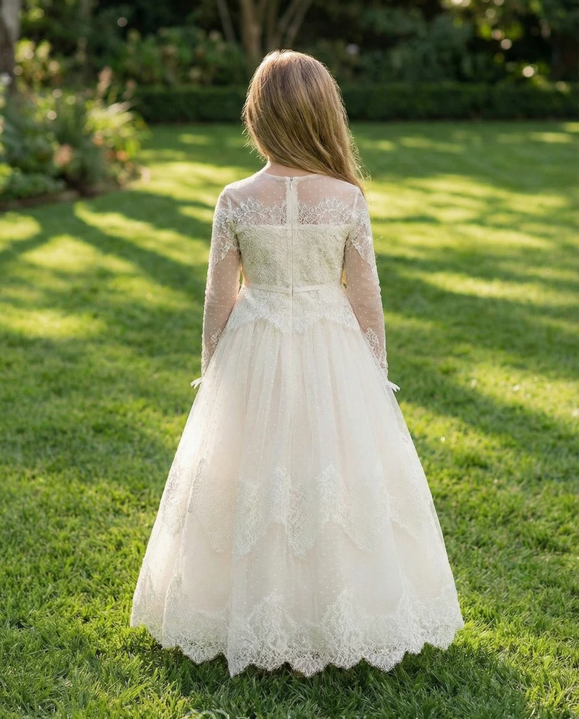 Vintage Lace Long Sleeve Flower Girl Dress - Floor Length Tulle Ball Gown with Bow view 2