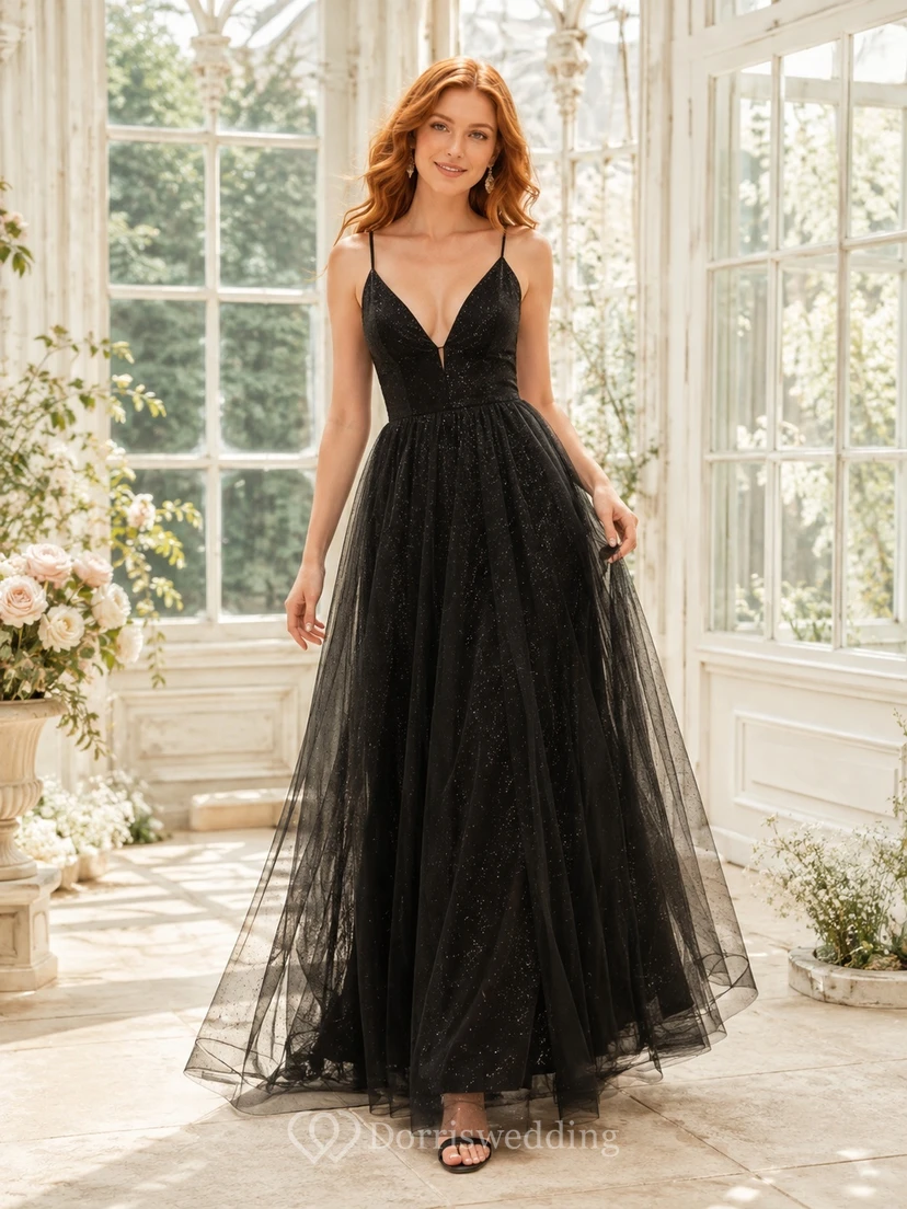 Black Tulle Spaghetti Strap V-Neck A-Line Sweep Train Evening Formal Dress