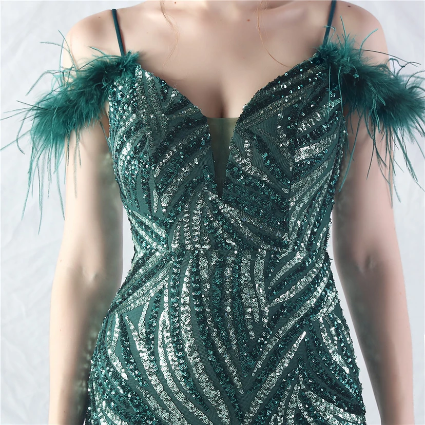 Crafted Ostrich Feather Stacked Sequins Splicing Mesh Gauze High-End Evening Dress Clothes view 28
