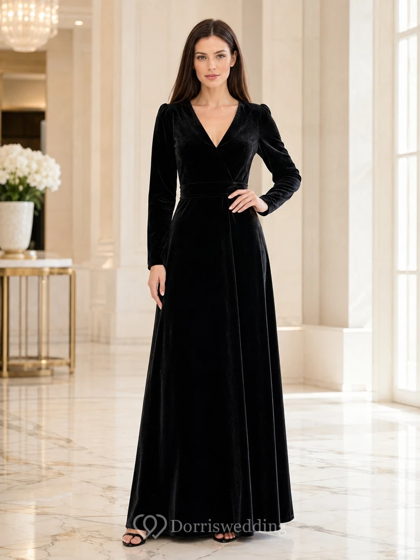 Black V Neck Long Sleeve Velvet Maxi Sheath Dress