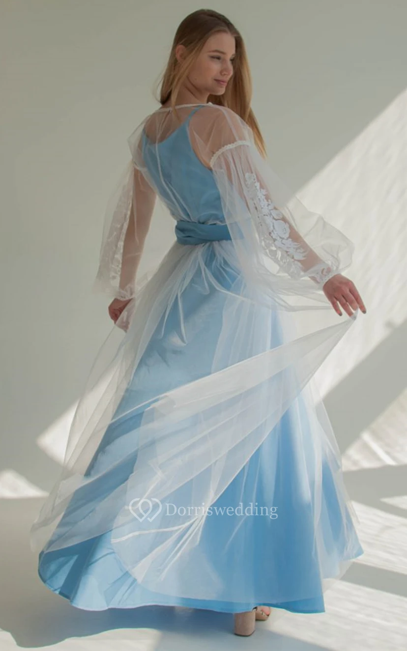 High-end A Line Tulle Square Neck Evening Dress with Sash view 2