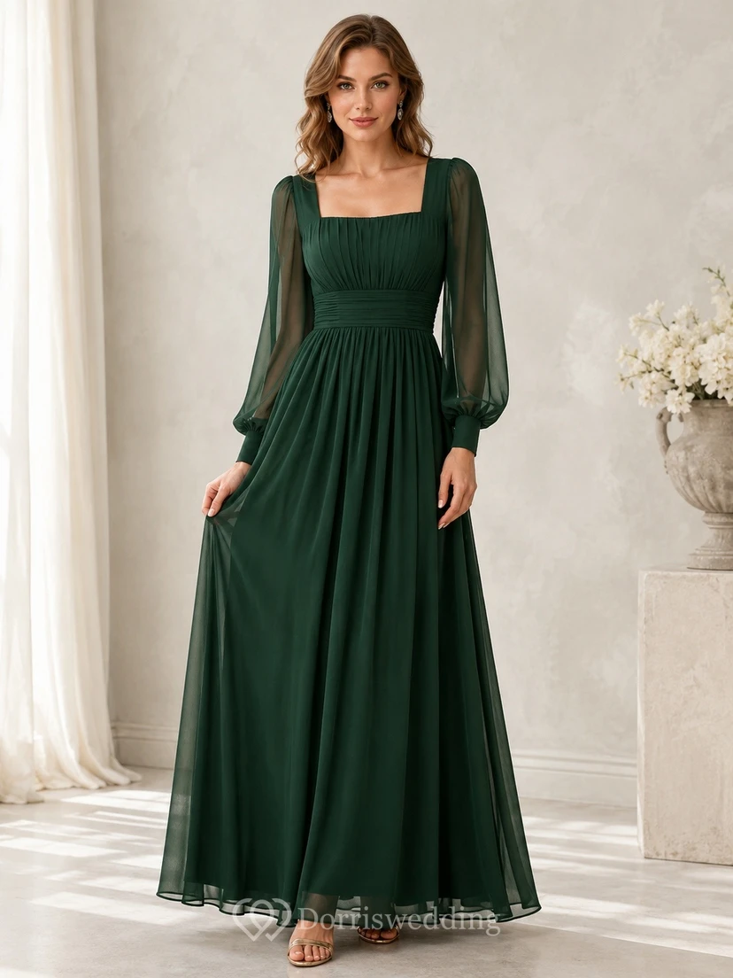 Dark Green Chiffon Square-Neck Long-Sleeve A-Line Floor-Length Dress