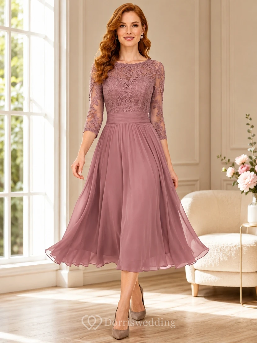 Dusty Rose Lace V-neck 3/4 Sleeve A-Line Floor-length Romantic Garden Bridesmaid Dress