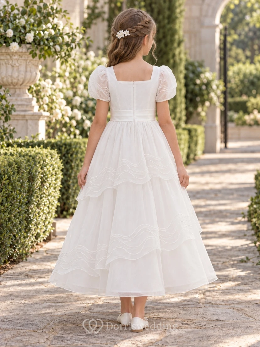 Square Neck White Puff Sleeve Tiered Wave Embroidered Organza Flower Girl Dress view 2