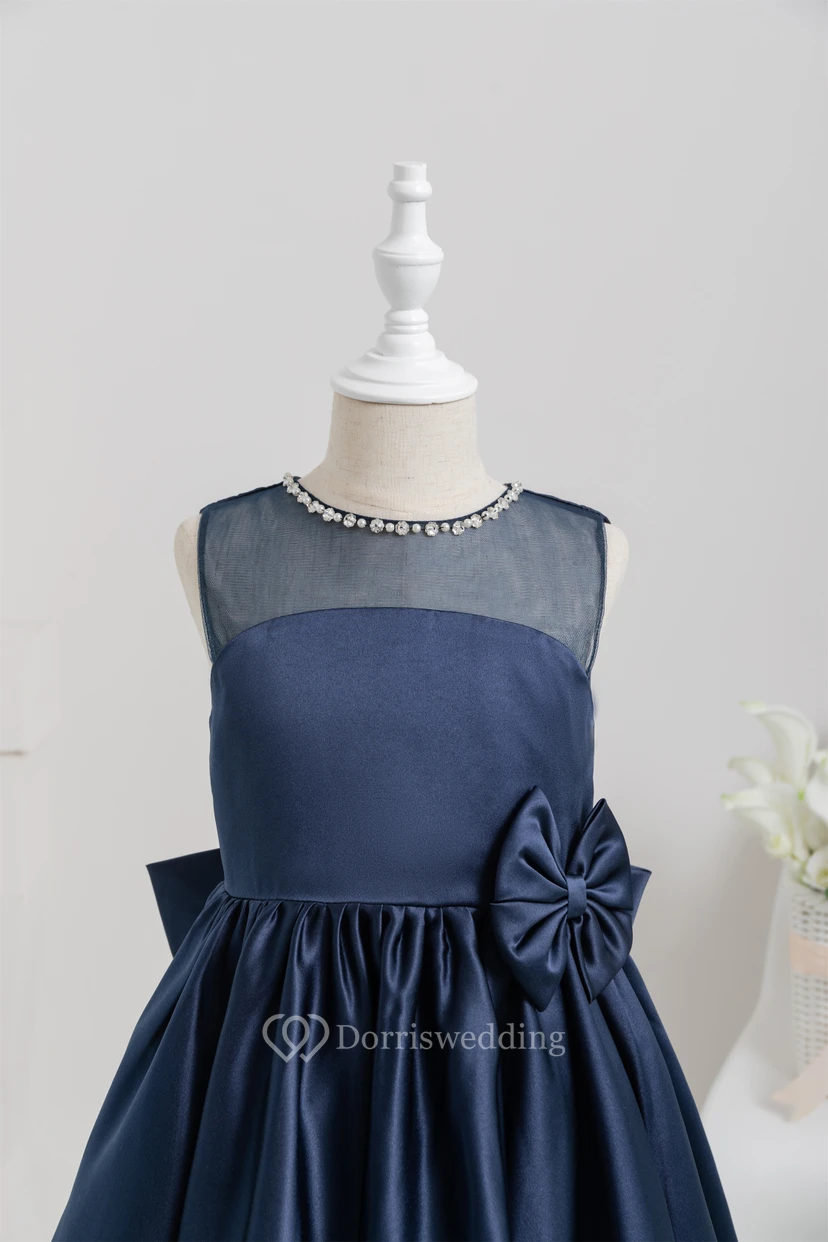 Jewel Satin Short A-line Bowed Dark Navy Flowergirl Dress view 5