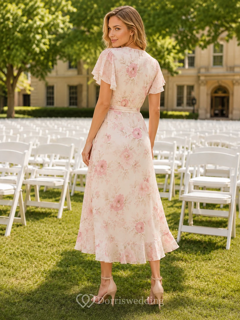 Blush floral V-neck wrap chiffon high-low midi dress view 2