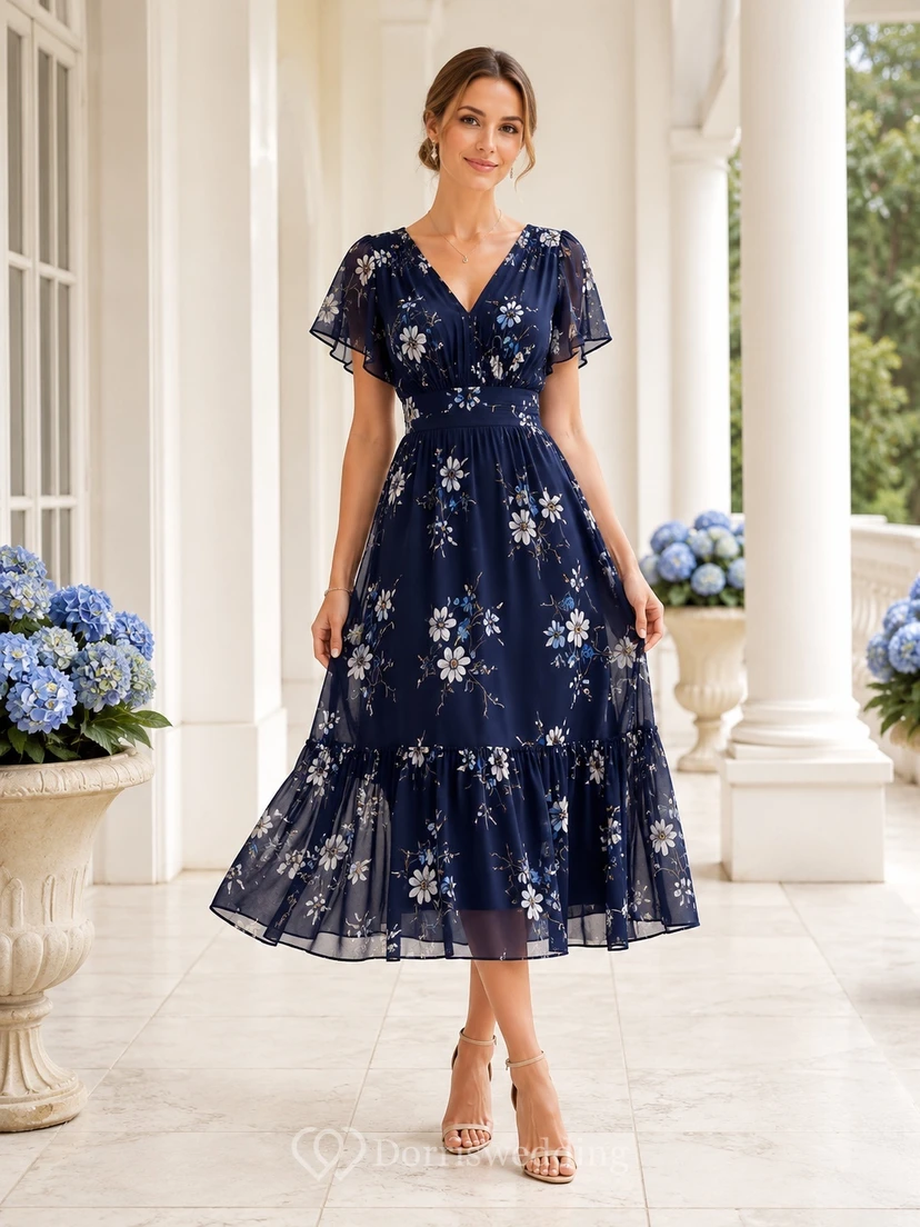 Robe d'invitée modeste bleu marine foncé, col en V, manches papillon, dentelle florale, coupe trapèze, longueur thé