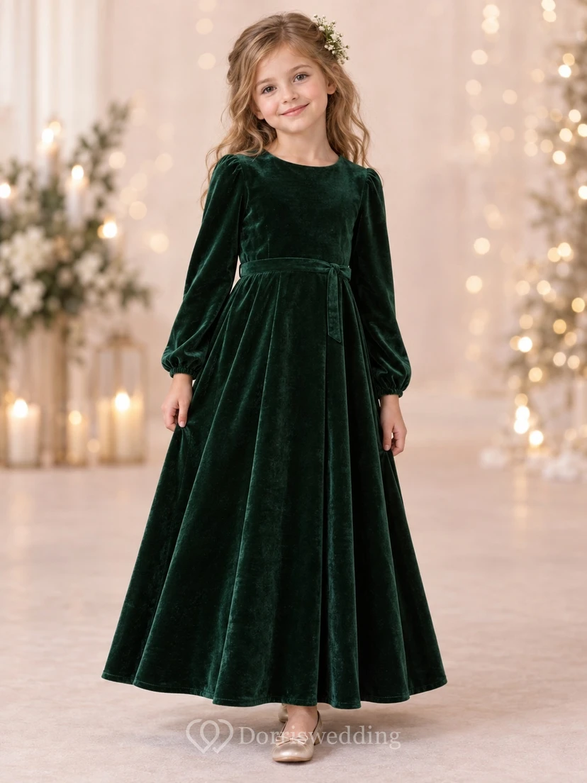 Long Sleeve Vintage Forest Green Ankle-length Gathered Velvet Flower Girl Dress