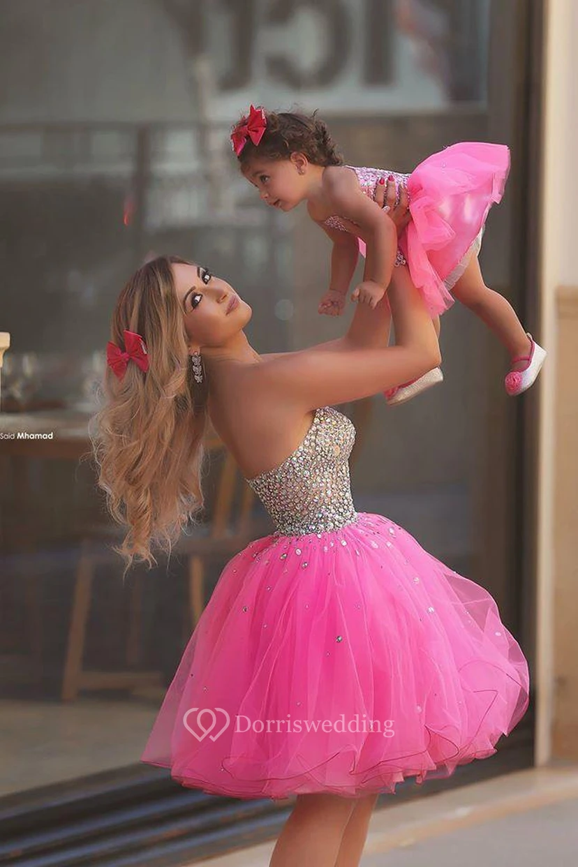 Glamorous Sequins Tulle Short Mother and Daughter Dress Sweetheart