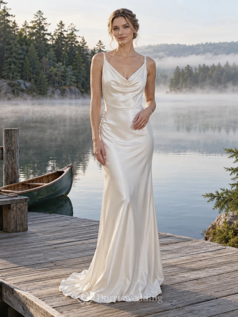 Schlichtes Brautkleid aus Charmeuse mit Wasserfallausschnitt, Trägern, Etuirock und tiefem, drapiertem Rückenausschnitt