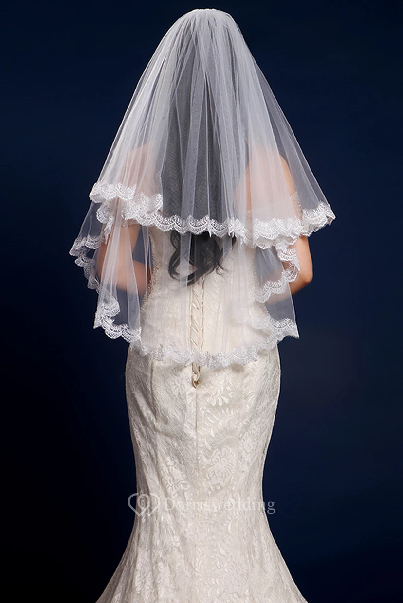 Simple Two Layered Tulle Elbow Wedding Veil with Lace Edge view 2