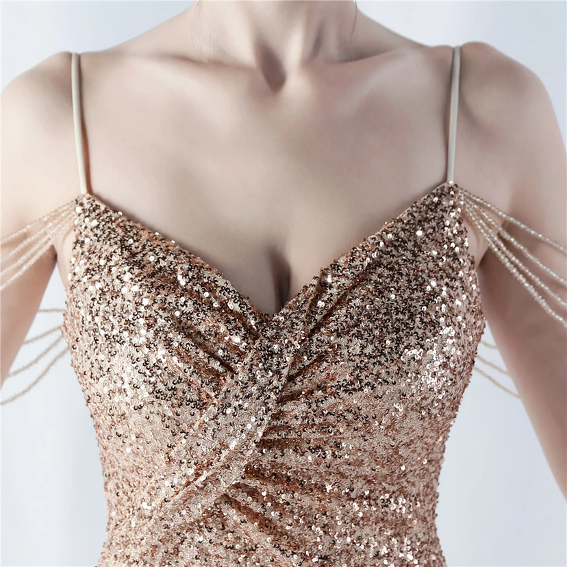 Robe de soirée sexy à bretelles et fente haute, ornée de perles et de perles artisanales. view 44