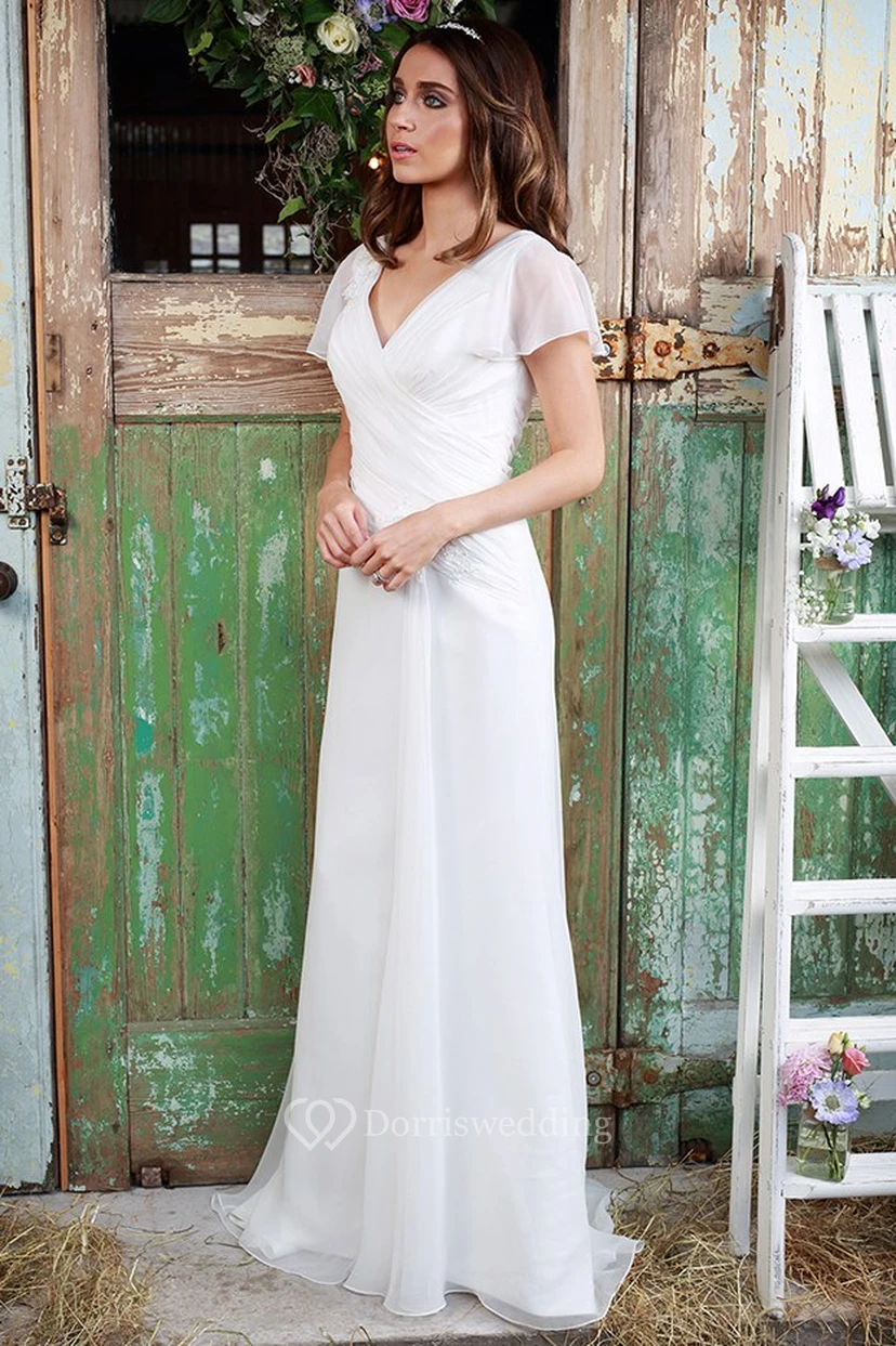 Sheath V-Neck Poet-Sleeve Chiffon Wedding Dress With Criss Cross view 3