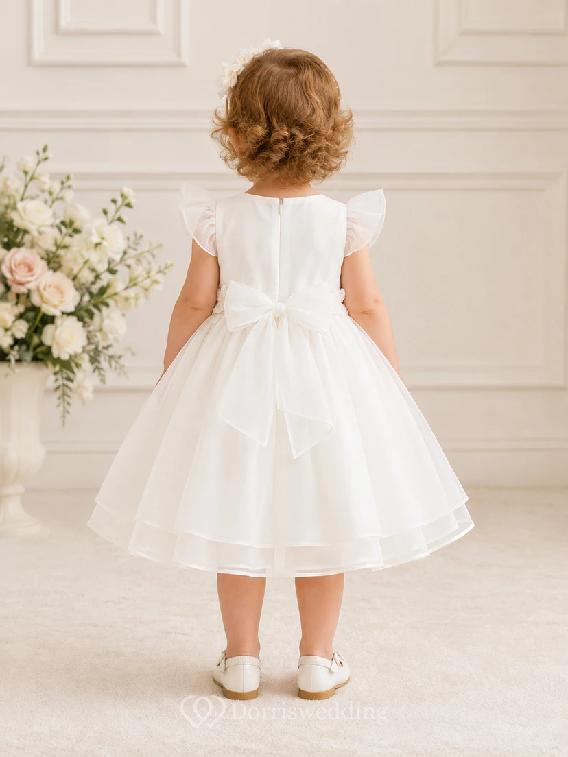 Flutter Sleeve Baptism Dress A-Line Organza Tulle Jewel Neck Bow Waist view 2