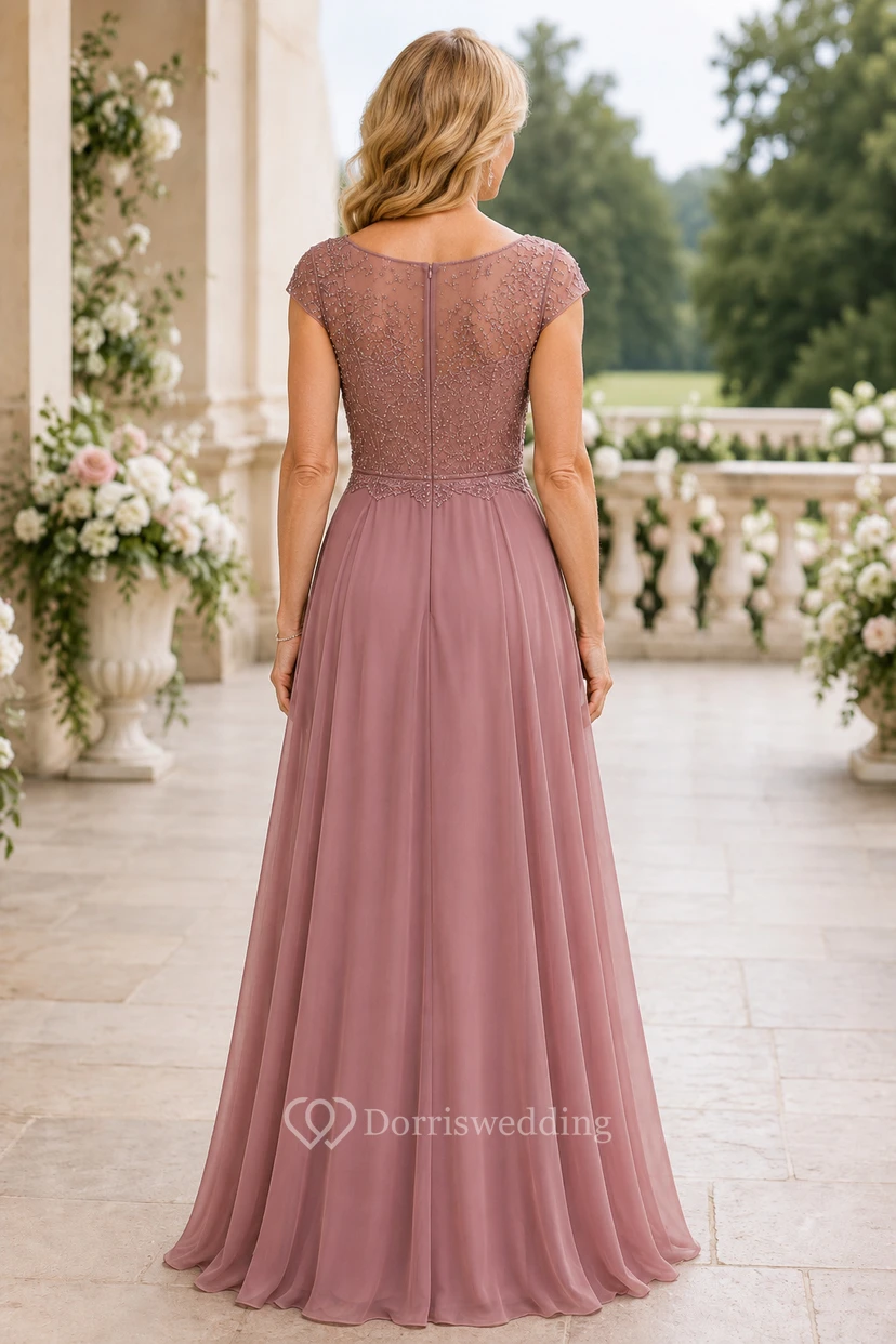 MOB-Kleid aus altrosafarbenem Chiffon mit Spitze, A-Linie, kurzen Ärmeln, Rundhalsausschnitt, bodenlang view 2