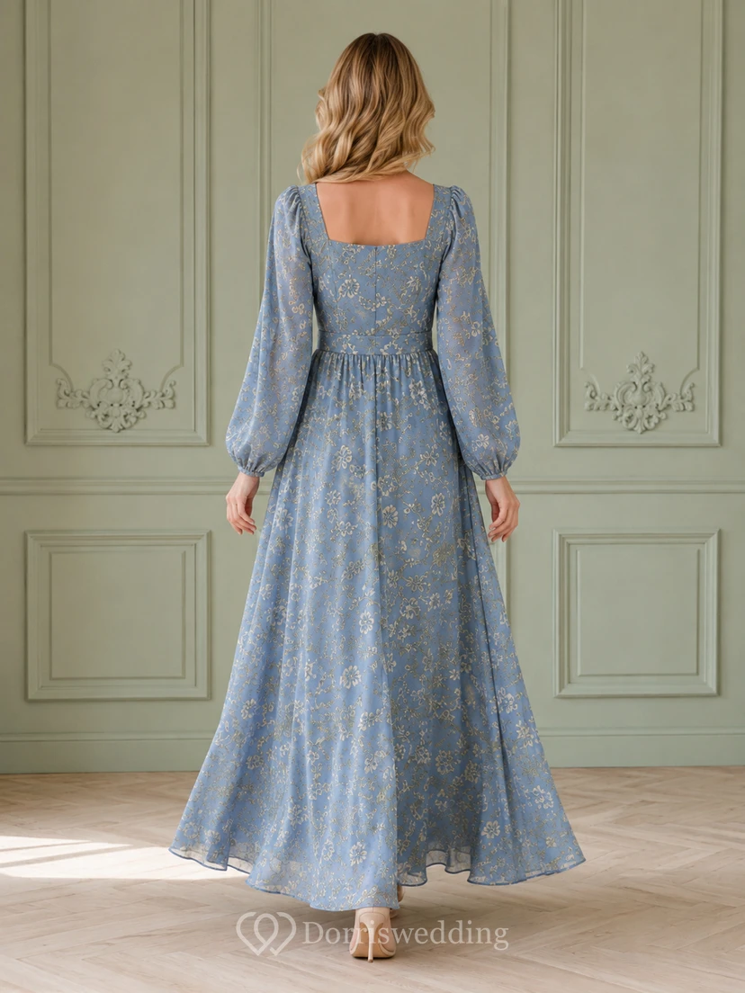 Blue Victorian Botanical Print Square Neck Long Sleeve Maxi Dress view 2
