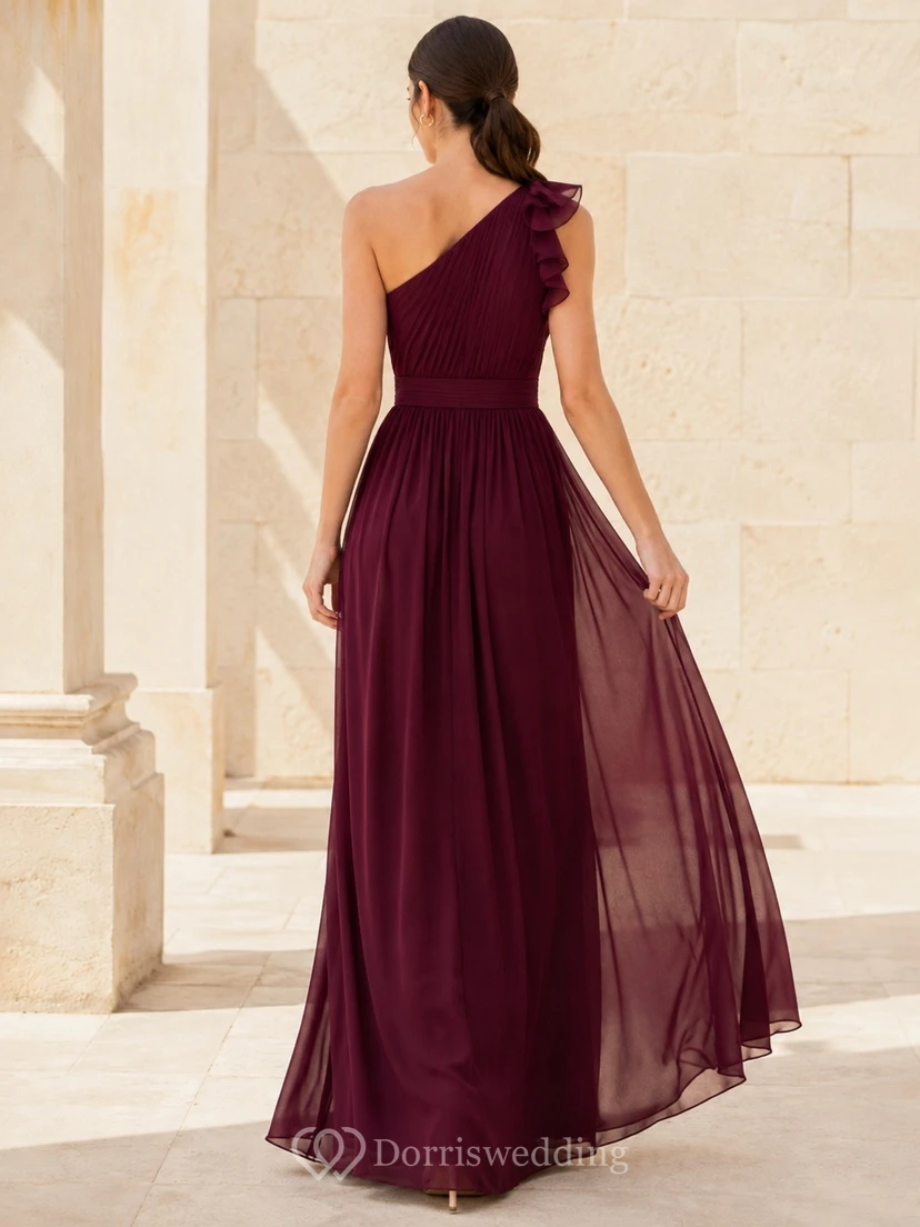 Burgundy One Shoulder Chiffon Slit Gown Classic Occasion view 2