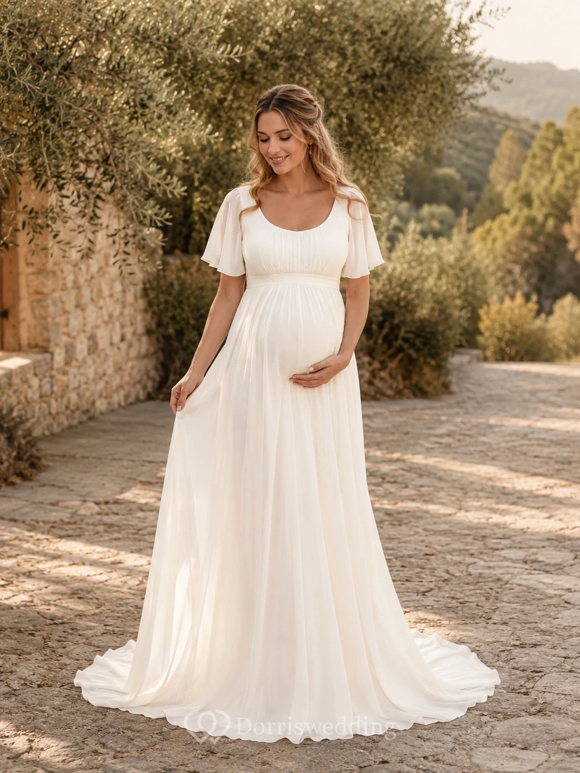 Vestido de novia campestre sencillo de manga corta con escote redondo para embarazadas