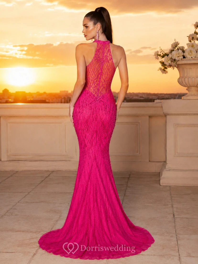 Fuchsia High Neck Lace Beaded Illusion Mermaid Sweep Luxury Gown view 2