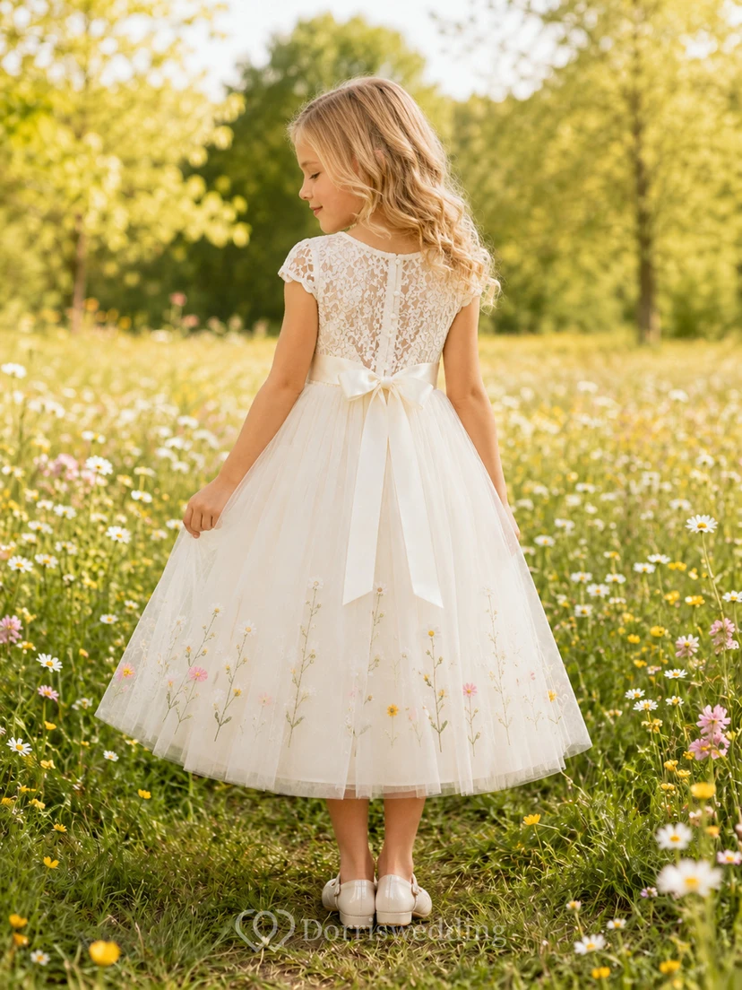 A-Line Flowergirl Floral Embroidered Tulle Tea-Length Cap Sleeve Wildflower Wedding Dress view 2