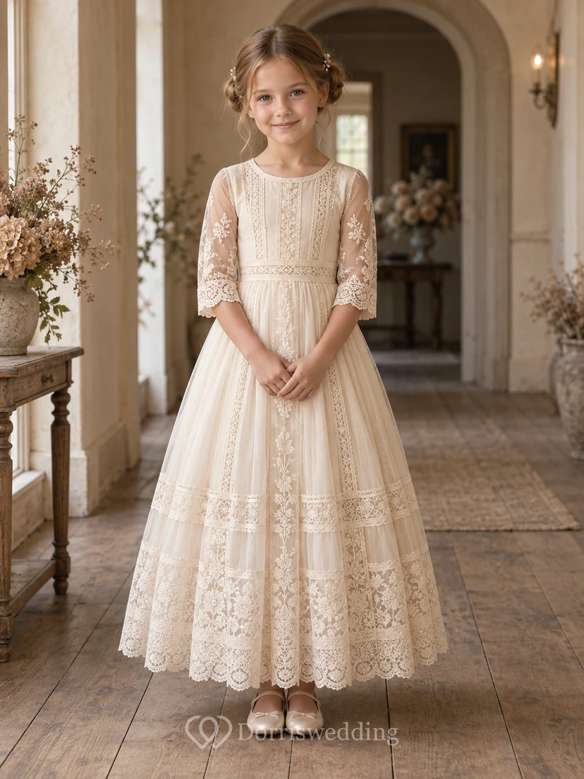 Modest Champagne A-Line Lace Elbow-Sleeve Ankle-length Inset-Panels Banded-Hem Flowergirl Dress