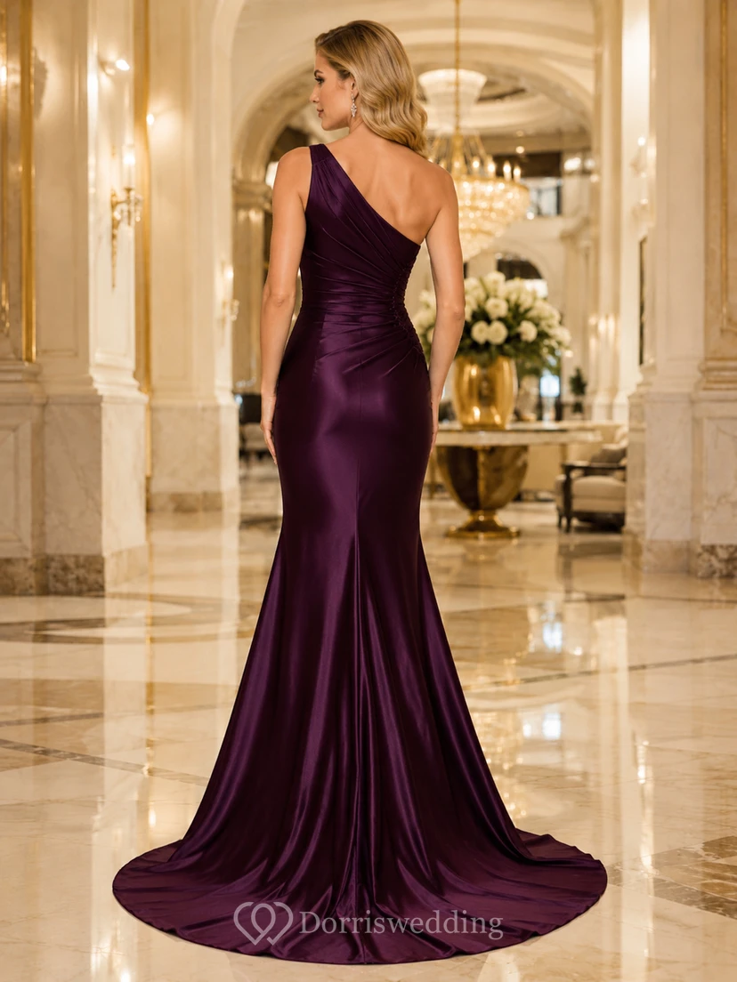 Plum Satin One Shoulder Mermaid Evening Gown view 2