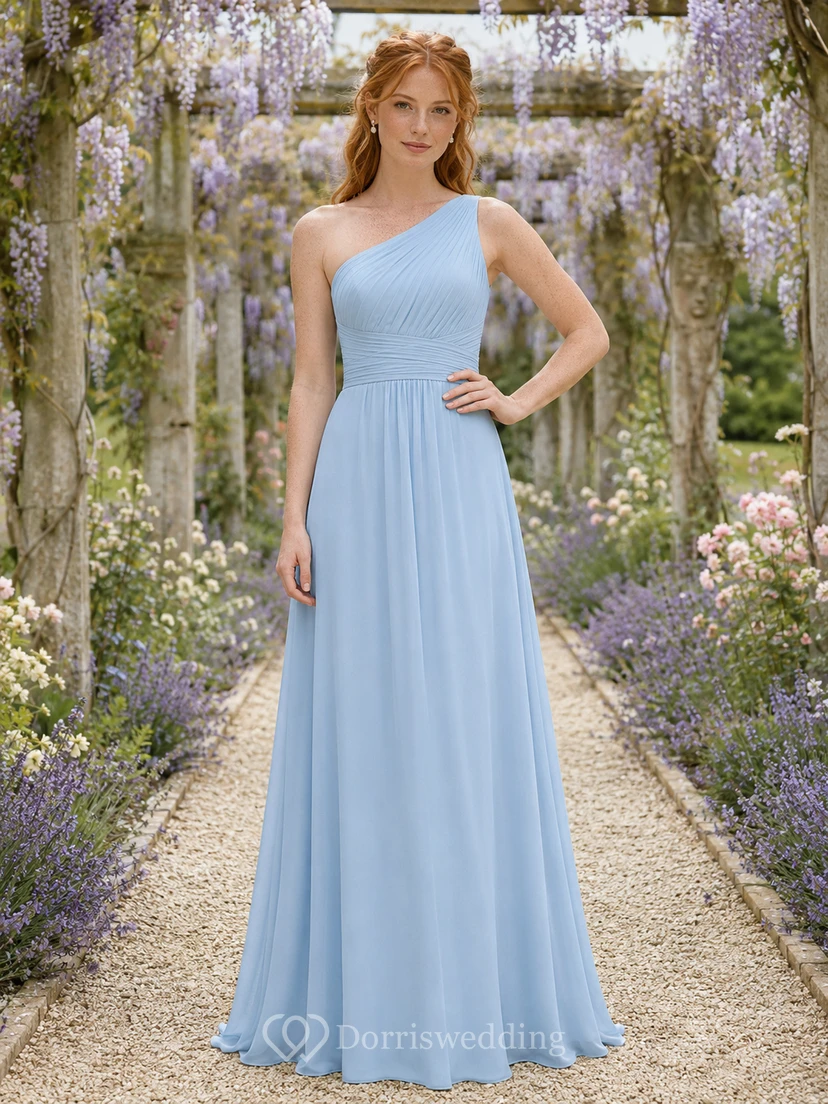 Sky Blue Formal Garden A-Line Chiffon Bridesmaid Dress with Sleeveless One-Shoulder Bodice, Pleated Floor-Length Skirt and Low V Back